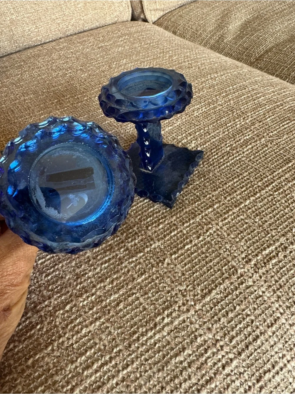 Viking Glass Georgian Cobalt Blue Candle Holders, Blue Glass Candlestick Pair -
